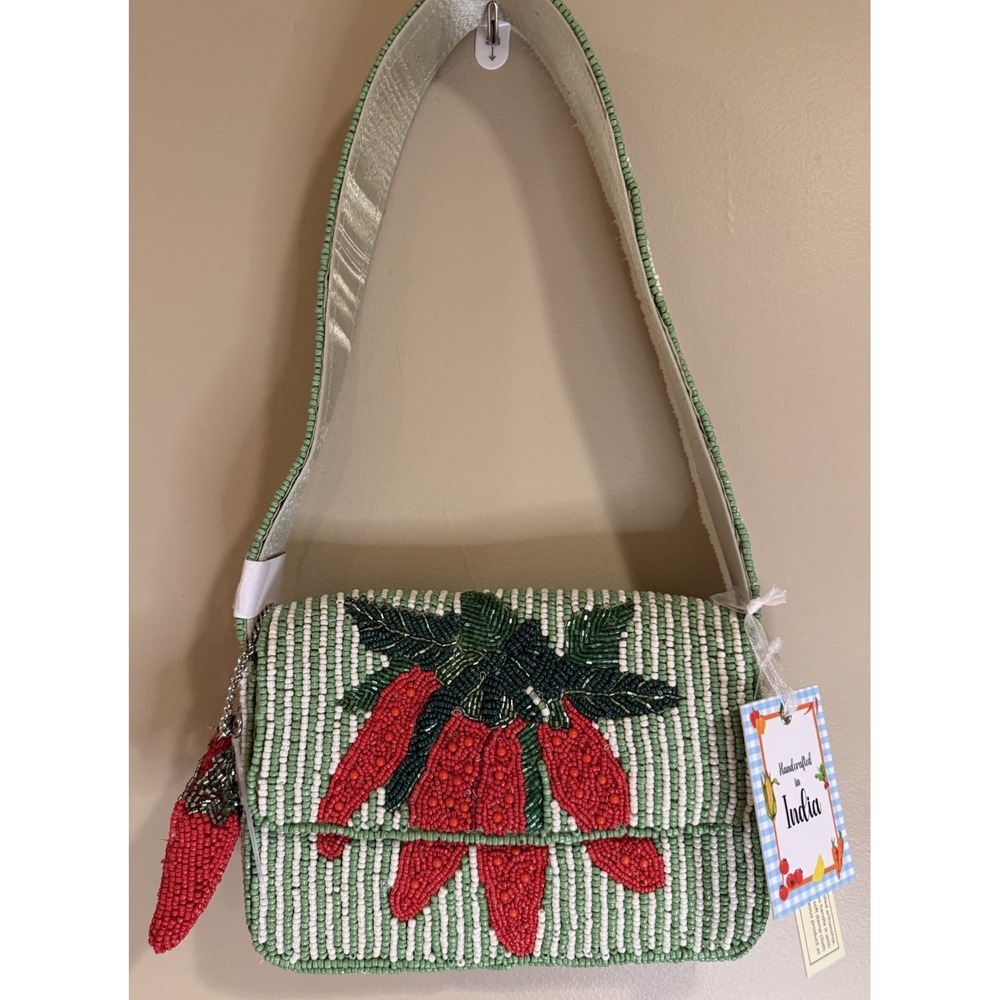 Handcrafted‎ in India Red Hot Chili Peppers Beaded Striped Shoulder Bag w Charm